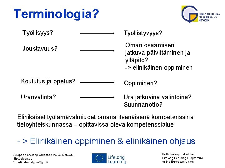 Terminologia? Työllisyys? Joustavuus? Työllistyvyys? Oman osaamisen jatkuva päivittäminen ja ylläpito? -> elinikäinen oppiminen Koulutus