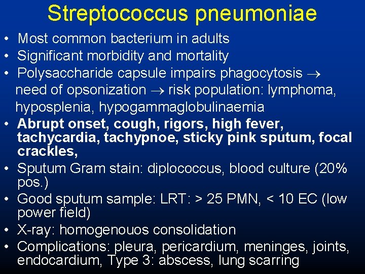 Streptococcus pneumoniae • Most common bacterium in adults • Significant morbidity and mortality •