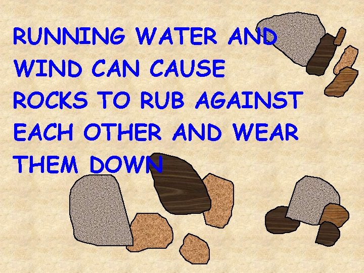 RUNNING WATER AND WIND CAN CAUSE ROCKS TO RUB AGAINST EACH OTHER AND WEAR