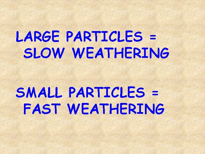 LARGE PARTICLES = SLOW WEATHERING SMALL PARTICLES = FAST WEATHERING 