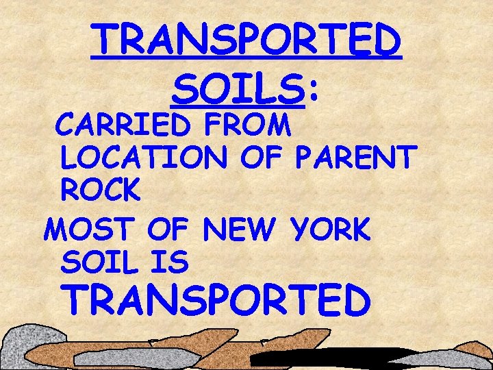 TRANSPORTED SOILS: CARRIED FROM LOCATION OF PARENT ROCK MOST OF NEW YORK SOIL IS