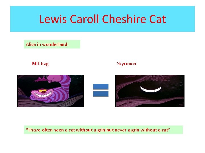 Lewis Caroll Cheshire Cat Alice in wonderland: MIT bag Skyrmion “I have often seen