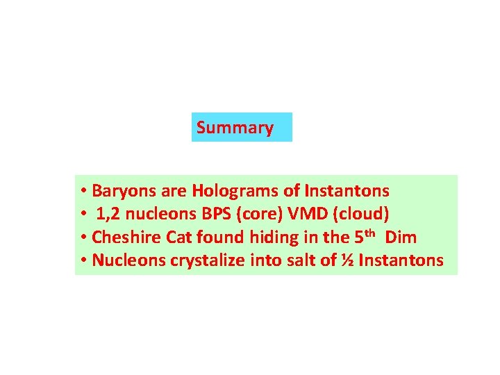 Summary • Baryons are Holograms of Instantons • 1, 2 nucleons BPS (core) VMD