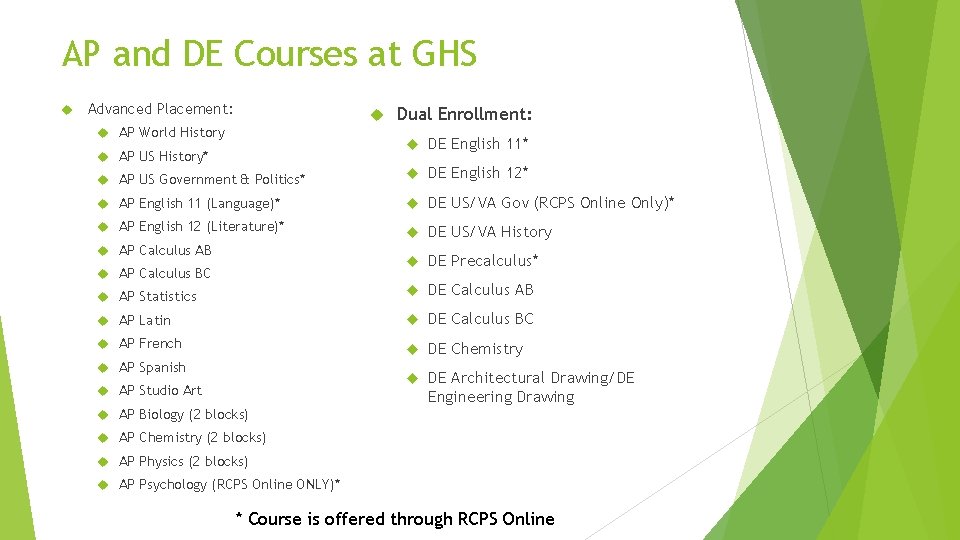 AP and DE Courses at GHS Advanced Placement: AP World History Dual Enrollment: DE
