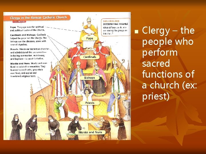n Clergy – the people who perform sacred functions of a church (ex: priest)