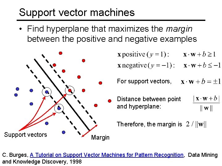 Support vector machines • Find hyperplane that maximizes the margin between the positive and