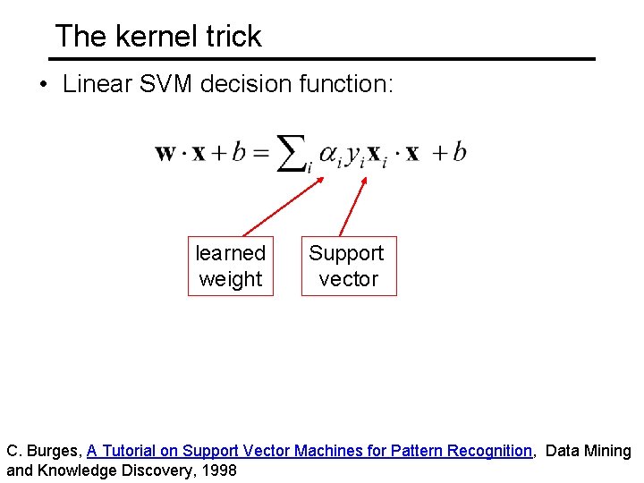 The kernel trick • Linear SVM decision function: learned weight Support vector C. Burges,