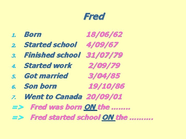 Fred Born 18/06/62 2. Started school 4/09/67 3. Finished school 31/07/79 4. Started work