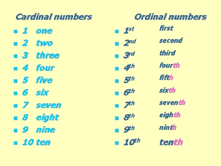 Cardinal numbers n 1 one n 2 two n 3 three n 4 four