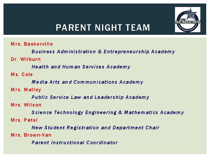 PARENT NIGHT TEAM Mrs. Baskerville Business Administration & Entrepreneurship Academy Dr. Wilburn Health and