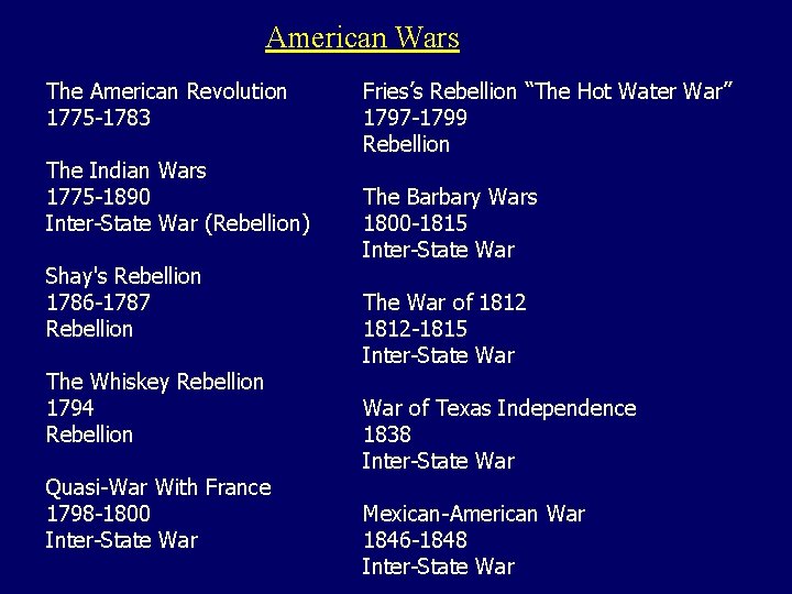 American Wars The American Revolution 1775 -1783 The Indian Wars 1775 -1890 Inter-State War