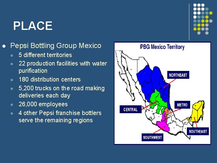 PLACE l Pepsi Bottling Group Mexico l l l 5 different territories 22 production