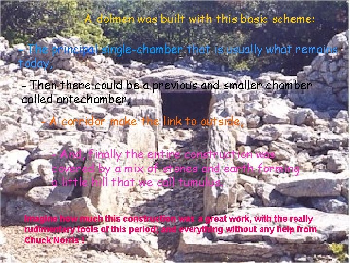 A dolmen was built with this basic scheme: - The principal single-chamber that is