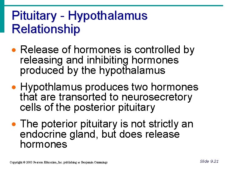 Pituitary - Hypothalamus Relationship · Release of hormones is controlled by releasing and inhibiting