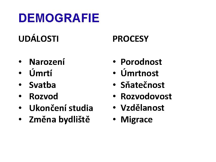 DEMOGRAFIE UDÁLOSTI • • • Narození Úmrtí Svatba Rozvod Ukončení studia Změna bydliště PROCESY