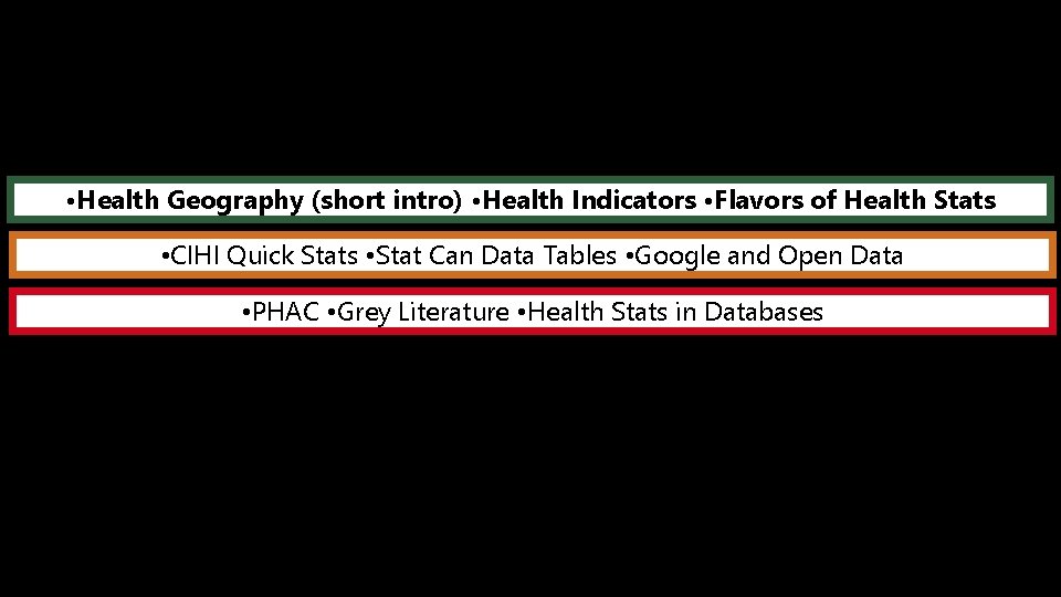  • Health Geography (short intro) • Health Indicators • Flavors of Health Stats