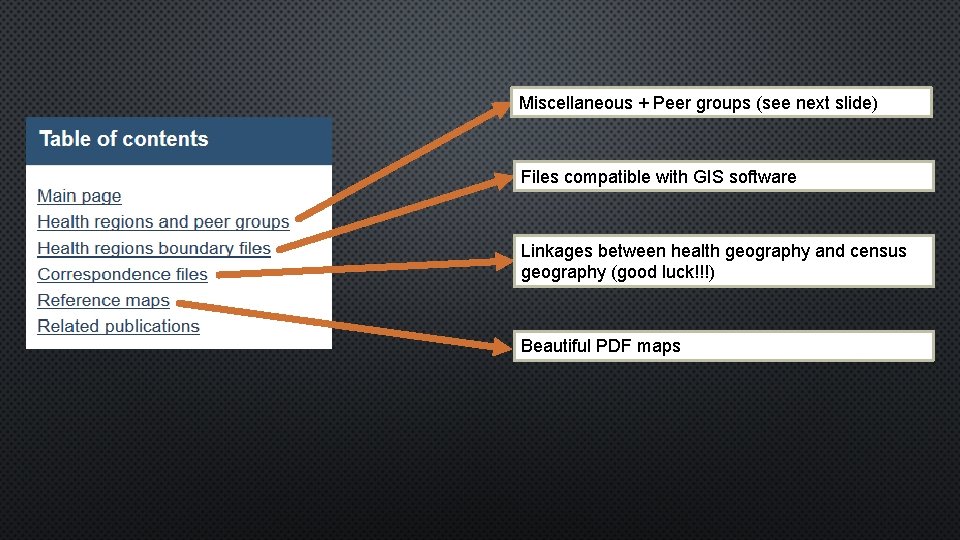 Miscellaneous + Peer groups (see next slide) Files compatible with GIS software Linkages between