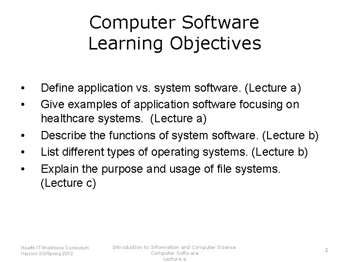 Computer Software Learning Objectives • • • Define application vs. system software. (Lecture a)