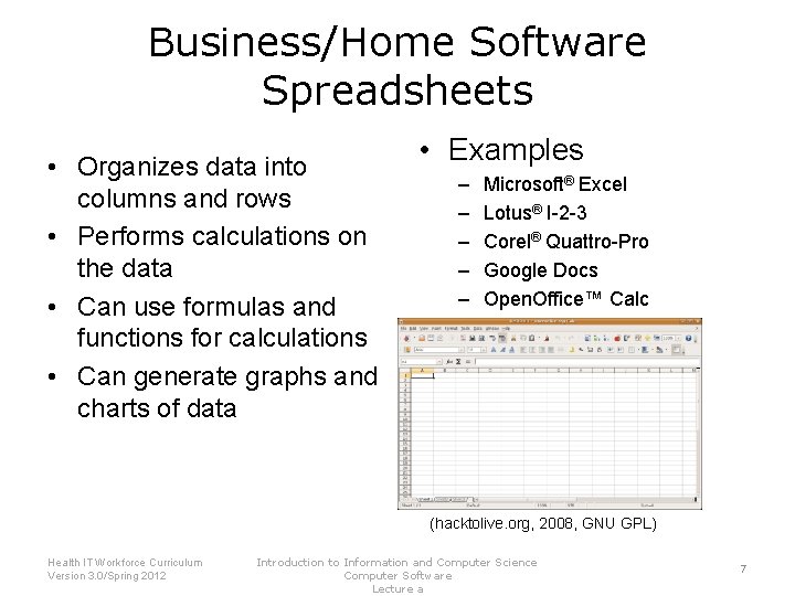 Business/Home Software Spreadsheets • Organizes data into columns and rows • Performs calculations on