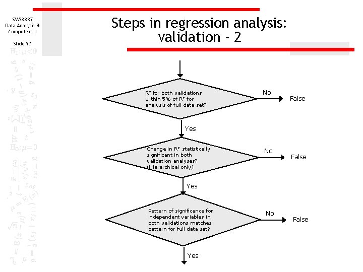 SW 388 R 7 Data Analysis & Computers II Slide 97 Steps in regression SW 388 R 7 Data Analysis & Computers II Slide 97 Steps in regression