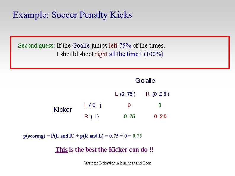 Example: Soccer Penalty Kicks Second guess: If the Goalie jumps left 75% of the
