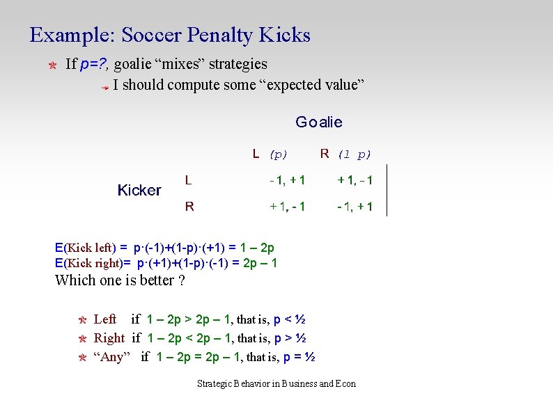 Example: Soccer Penalty Kicks If p=? , goalie “mixes” strategies I should compute some