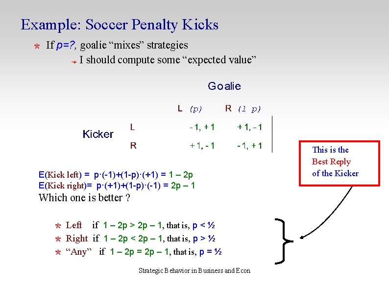 Example: Soccer Penalty Kicks If p=? , goalie “mixes” strategies I should compute some