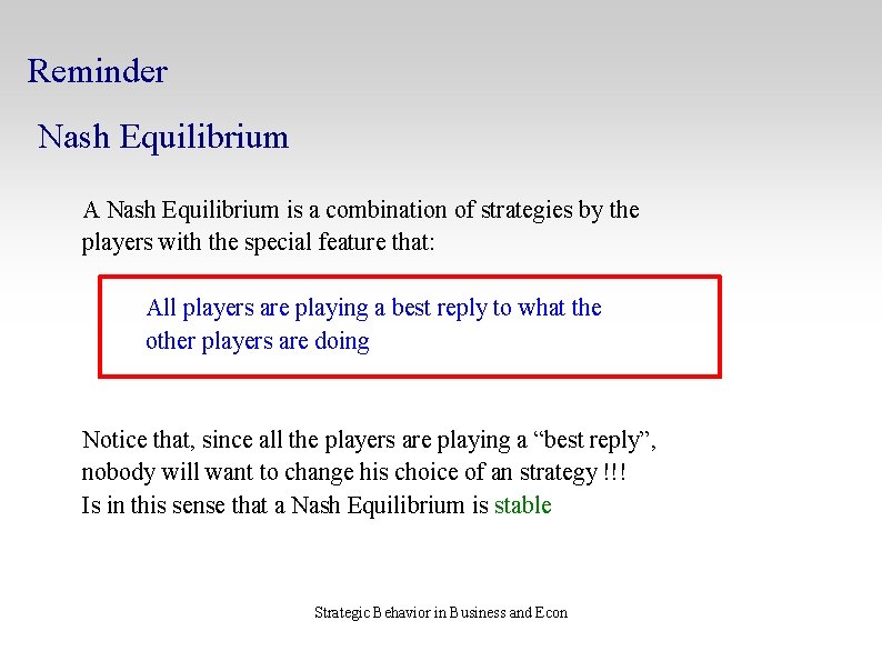 Reminder Nash Equilibrium A Nash Equilibrium is a combination of strategies by the players