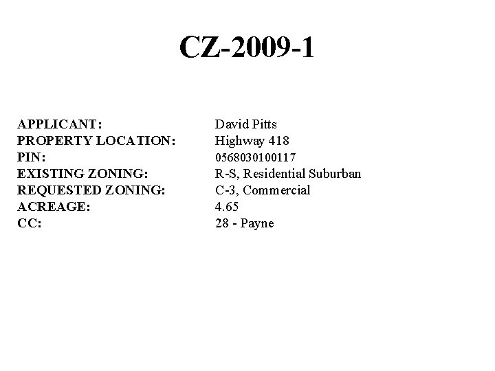 CZ-2009 -1 APPLICANT: PROPERTY LOCATION: PIN: EXISTING ZONING: REQUESTED ZONING: ACREAGE: CC: David Pitts