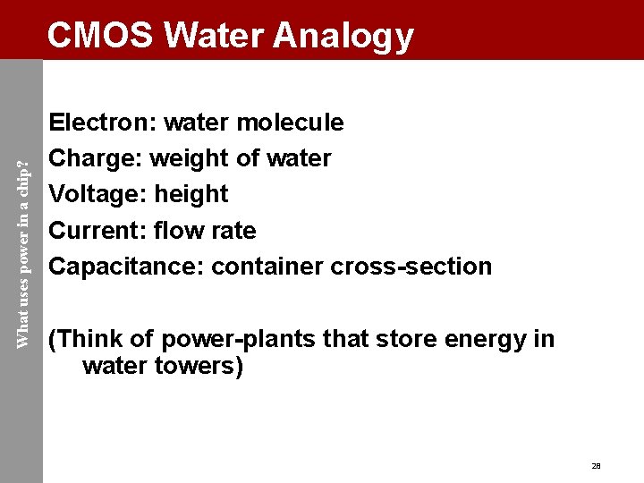 What uses power in a chip? CMOS Water Analogy Electron: water molecule Charge: weight