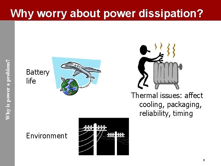 Why is power a problem? Why worry about power dissipation? Battery life Thermal issues: