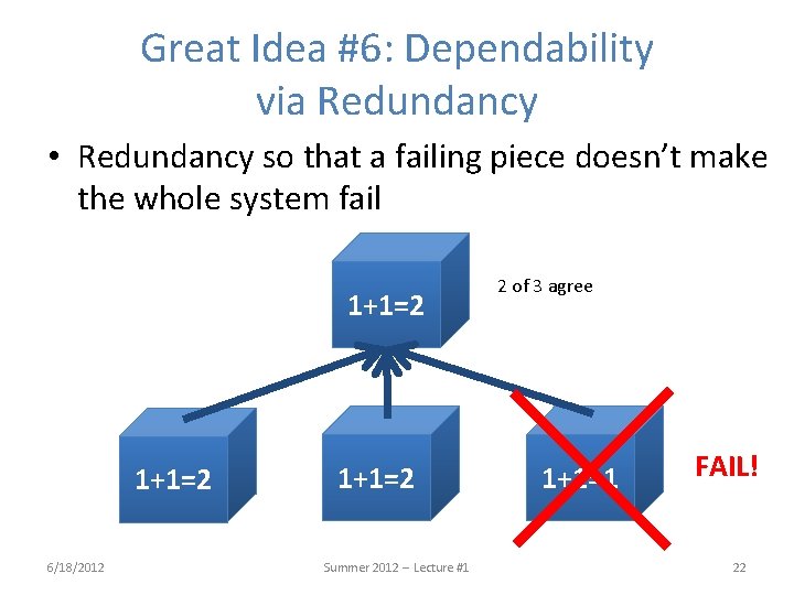 Great Idea #6: Dependability via Redundancy • Redundancy so that a failing piece doesn’t