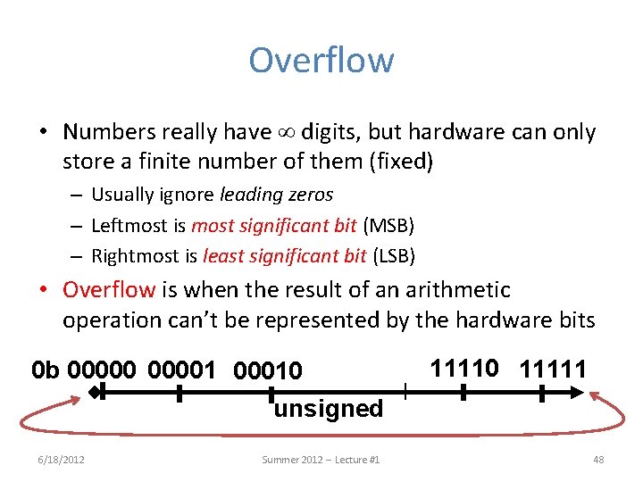 Overflow • Numbers really have digits, but hardware can only store a finite number