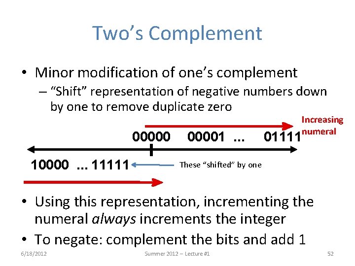 Two’s Complement • Minor modification of one’s complement – “Shift” representation of negative numbers