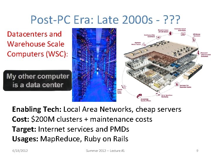 Post-PC Era: Late 2000 s - ? ? ? Datacenters and Warehouse Scale Computers