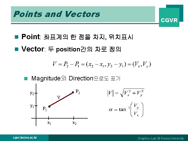 Points and Vectors n Point: 좌표계의 한 점을 차지, 위치표시 n Vector: 두 position간의