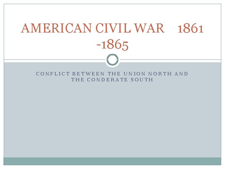 AMERICAN CIVIL WAR 1861 -1865 CONFLICT BETWEEN THE UNION NORTH AND THE CONDERATE SOUTH