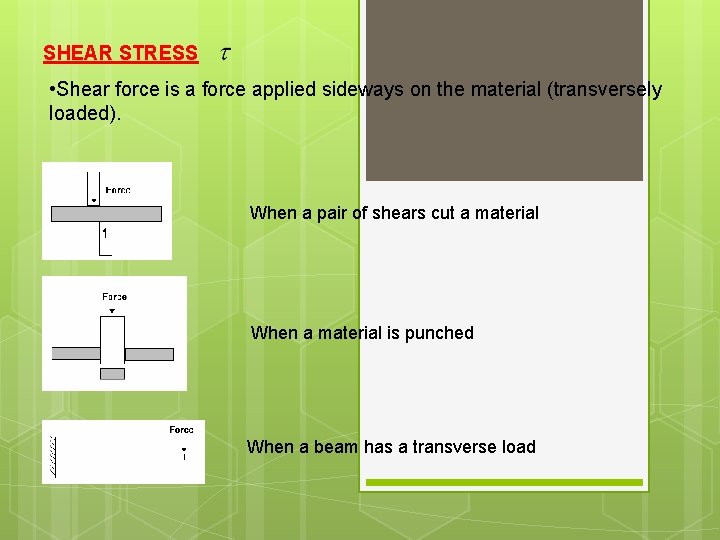 SHEAR STRESS • Shear force is a force applied sideways on the material (transversely