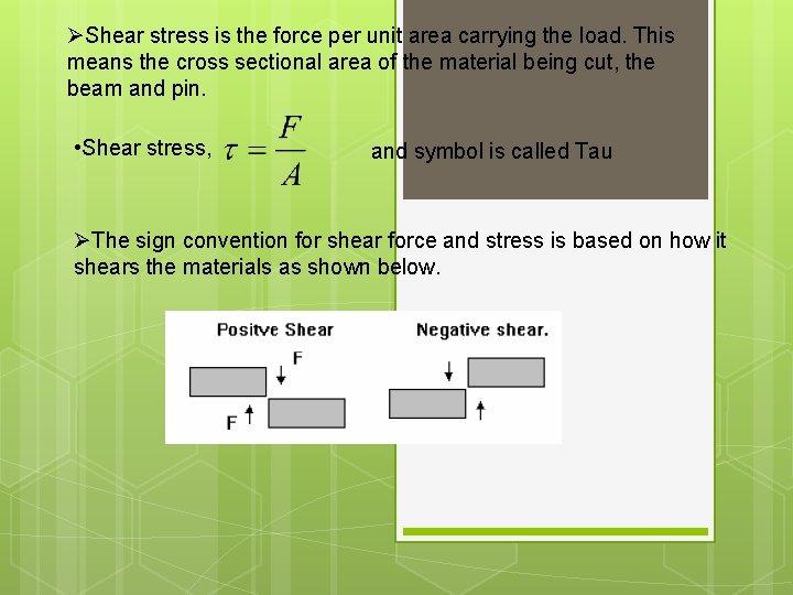 ØShear stress is the force per unit area carrying the load. This means the