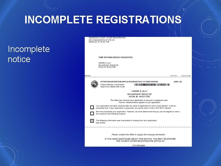 INCOMPLETE REGISTRATIONS Incomplete notice 