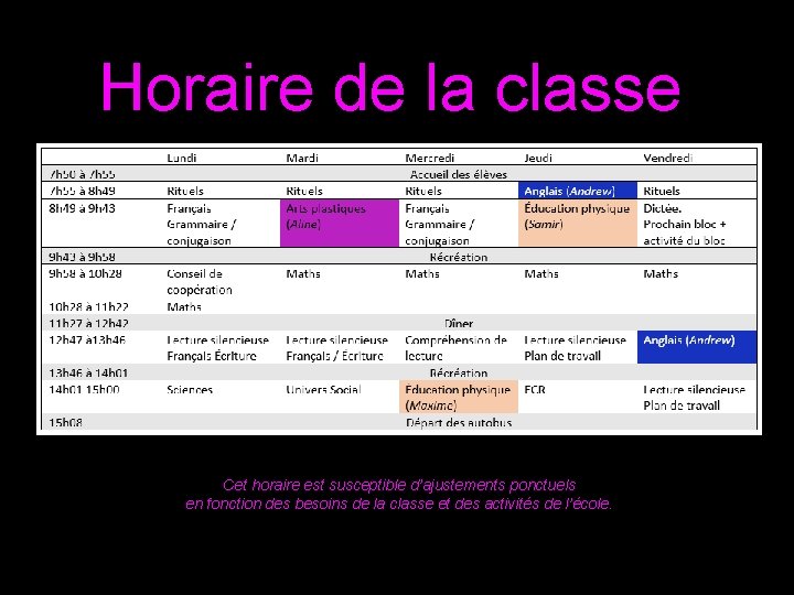 Horaire de la classe Cet horaire est susceptible d’ajustements ponctuels en fonction des besoins Horaire de la classe Cet horaire est susceptible d’ajustements ponctuels en fonction des besoins