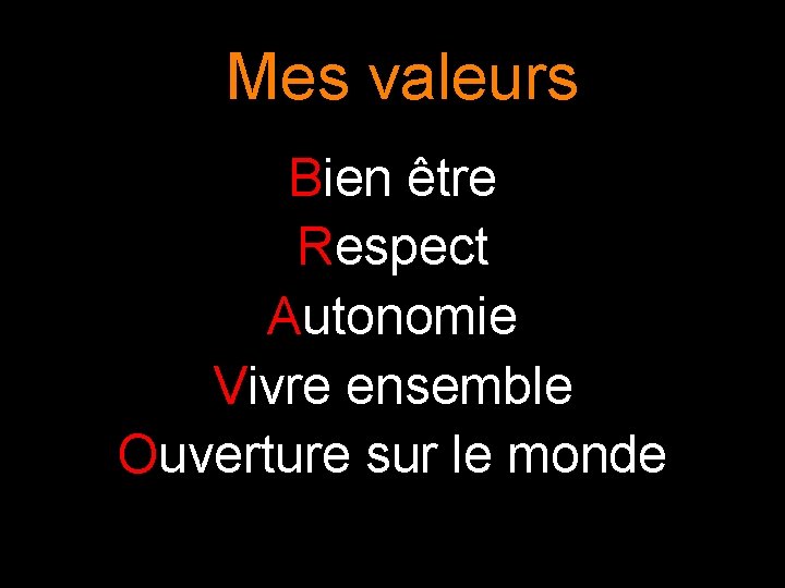 Mes valeurs Bien être Respect Autonomie Vivre ensemble Ouverture sur le monde Mes valeurs Bien être Respect Autonomie Vivre ensemble Ouverture sur le monde