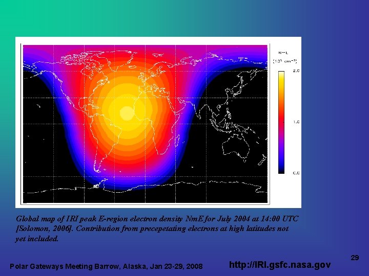 Global map of IRI peak E-region electron density Nm. E for July 2004 at