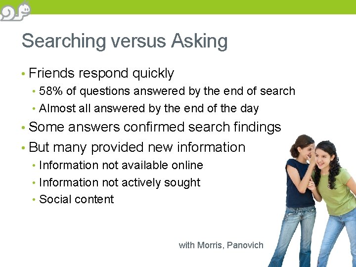 Searching versus Asking • Friends respond quickly • 58% of questions answered by the
