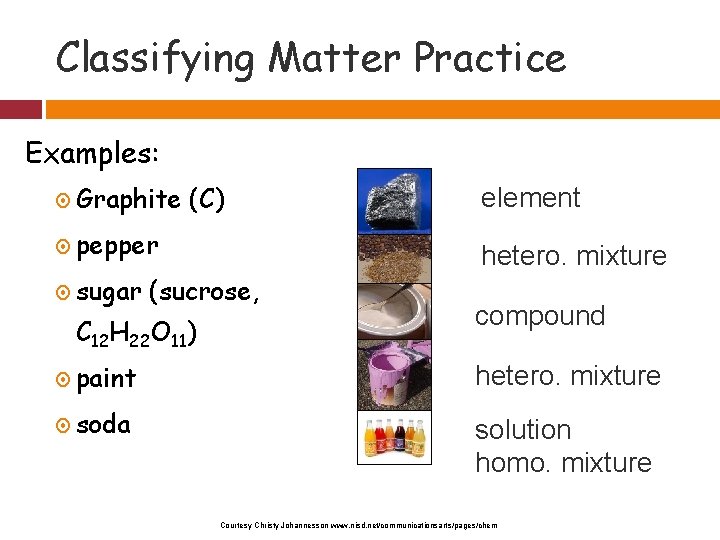 Classifying Matter Practice Examples: Graphite (C) pepper sugar paint soda hetero. mixture (sucrose, C