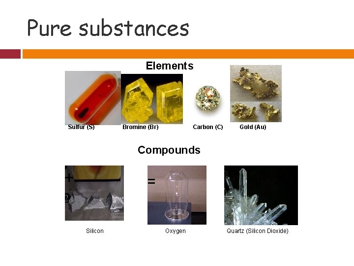 Pure substances Elements Sulfur (S) Bromine (Br) Carbon (C) Gold (Au) Compounds + =