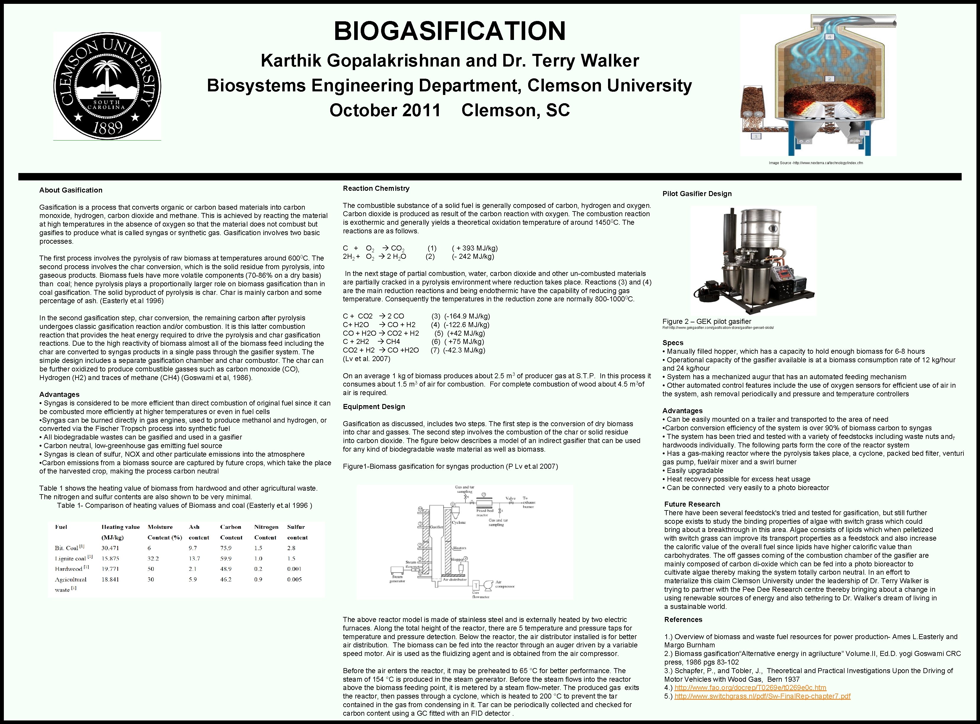 BIOGASIFICATION Karthik Gopalakrishnan and Dr. Terry Walker Biosystems Engineering Department, Clemson University October 2011