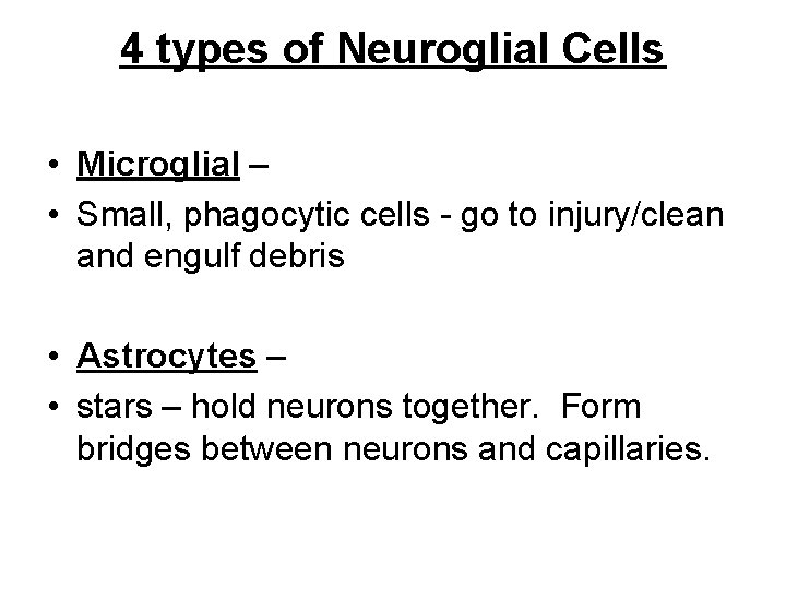 4 types of Neuroglial Cells • Microglial – • Small, phagocytic cells - go