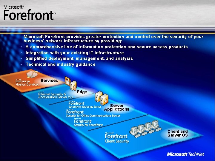  • • Microsoft Forefront provides greater protection and control over the security of