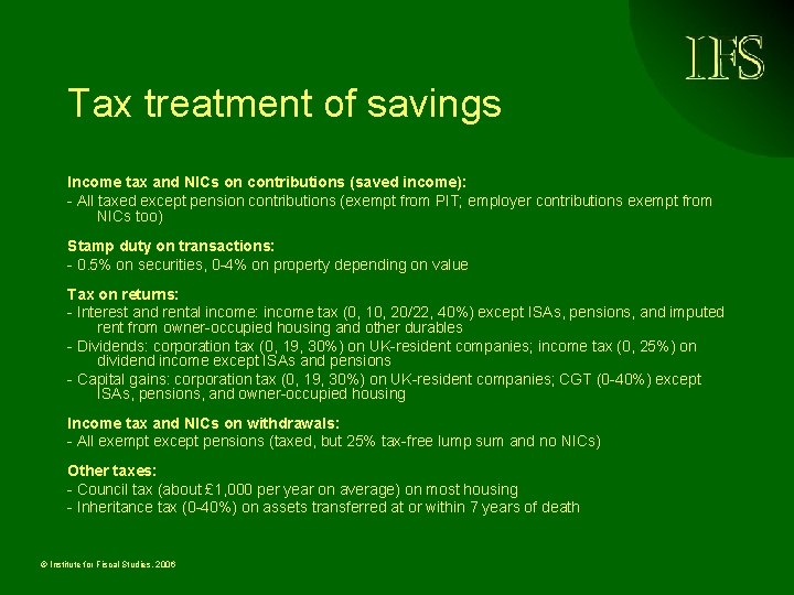 Tax treatment of savings Income tax and NICs on contributions (saved income): - All